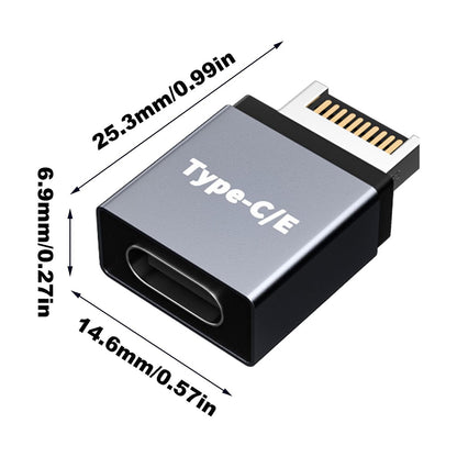 Close-up of TECPHILE USB Type-E to USB-C adapter with dimensions labeled, showcasing its compact and portable size.