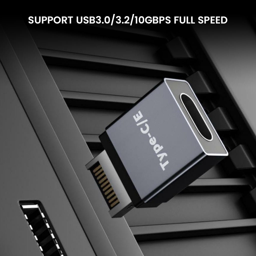 TECPHILE USB Type-E to USB-C adapter plugged into a front panel slot, supporting USB 3.0/3.2 with 10Gbps full-speed data transfer.