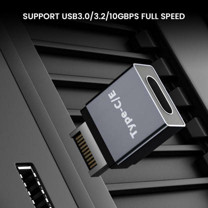 TECPHILE USB Type-E to USB-C adapter plugged into a front panel slot, supporting USB 3.0/3.2 with 10Gbps full-speed data transfer.