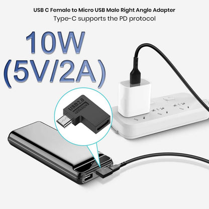 TECPHILE 10W USB-C Female to Micro USB Male Adapter supports 5V/2A charging, shown in use with power strip and power bank.