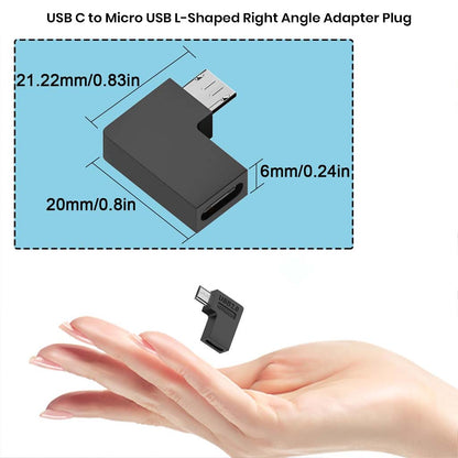 TECPHILE L-shaped USB-C to Micro USB Adapter with compact 21.22mm x 20mm dimensions, shown above a hand for size reference.