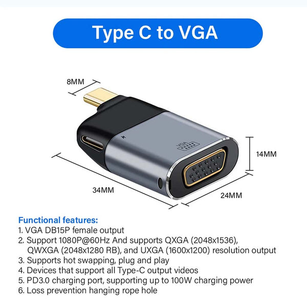 TECPHILE - 2-in-1 Type-C Male to VGA + Type-C 100W PD Female Adapter - 2