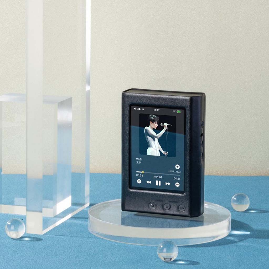 Front view of TempoTec Variations V3 in PU leather case on a display stand, showing functional design and stylish protection for audio devices.