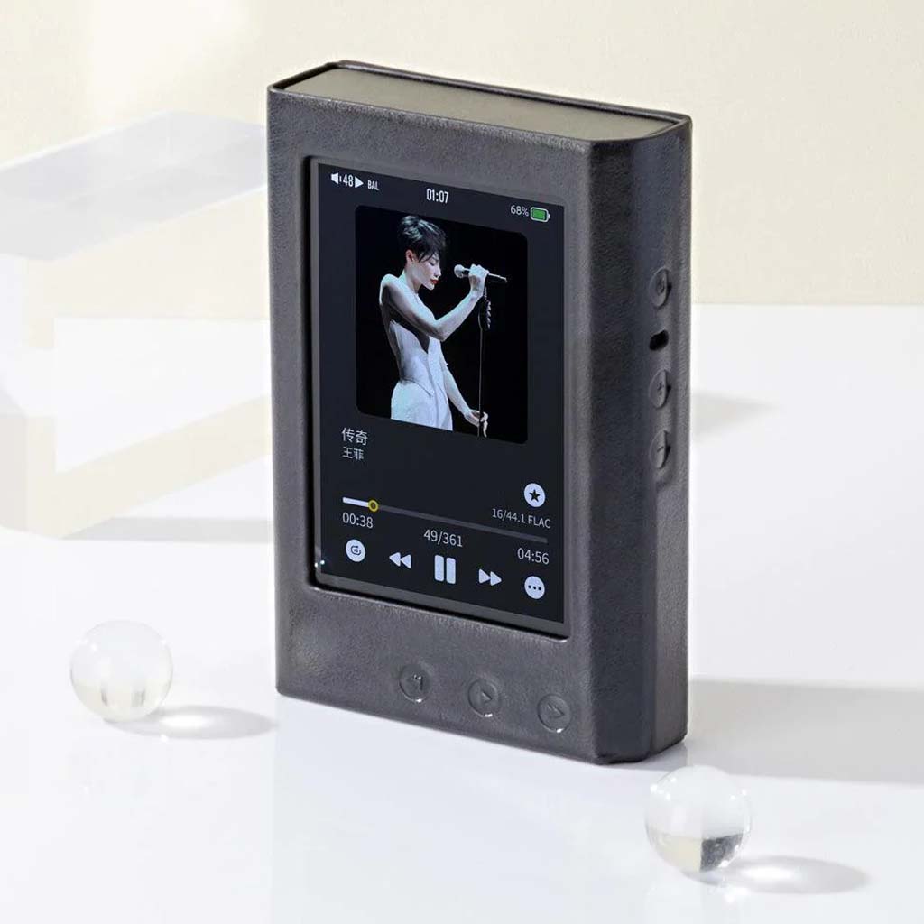 Close-up of TempoTec Variations V3 in protective PU leather case with music interface visible, emphasizing premium fit and tactile button access.