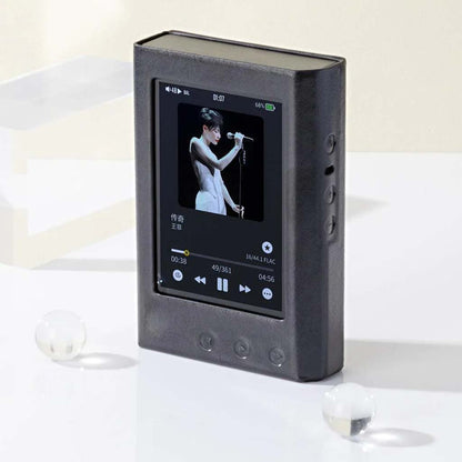 Close-up of TempoTec Variations V3 in protective PU leather case with music interface visible, emphasizing premium fit and tactile button access.