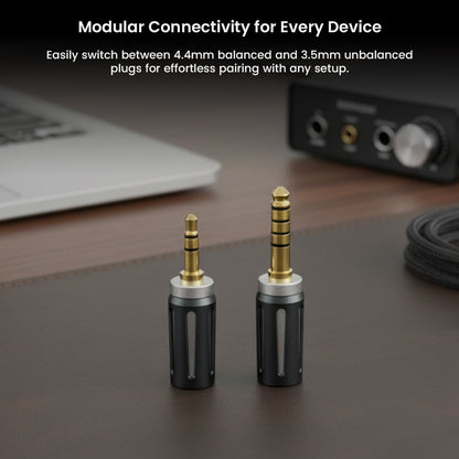 ThieAudio HYPE 4 MKII modular connectors with 4.4mm balanced and 3.5mm unbalanced plugs for versatile device compatibility.