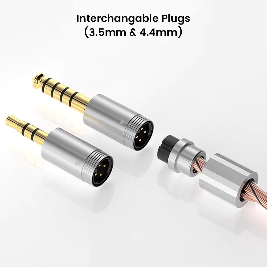 TWISTURA Woodnote IEM interchangeable plugs in 3.5mm and 4.4mm options, offering versatile connectivity for audio devices.