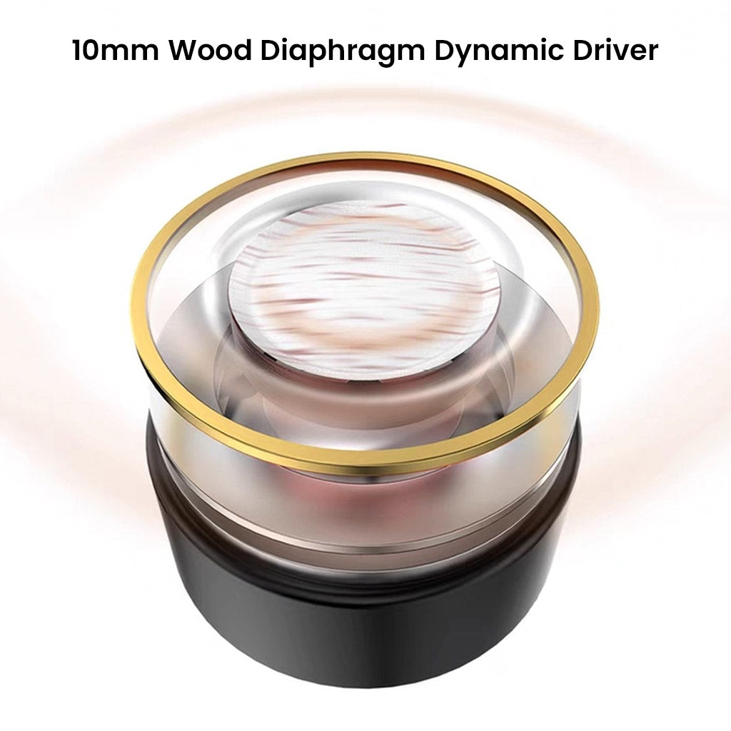 Close-up of TWISTURA Woodnote's 10mm wood diaphragm dynamic driver, showcasing natural acoustic performance for high-fidelity audio.