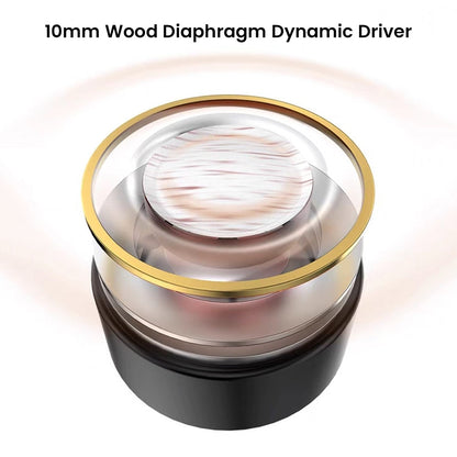 Close-up of TWISTURA Woodnote's 10mm wood diaphragm dynamic driver, showcasing natural acoustic performance for high-fidelity audio.