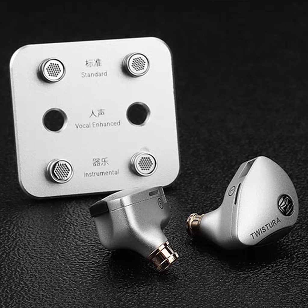 TWISTURA Woodnote IEM with four interchangeable tuning nozzles for standard, vocal, and instrumental sound customization.