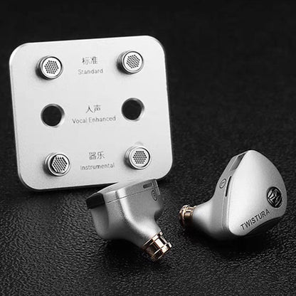 TWISTURA Woodnote IEM with four interchangeable tuning nozzles for standard, vocal, and instrumental sound customization.