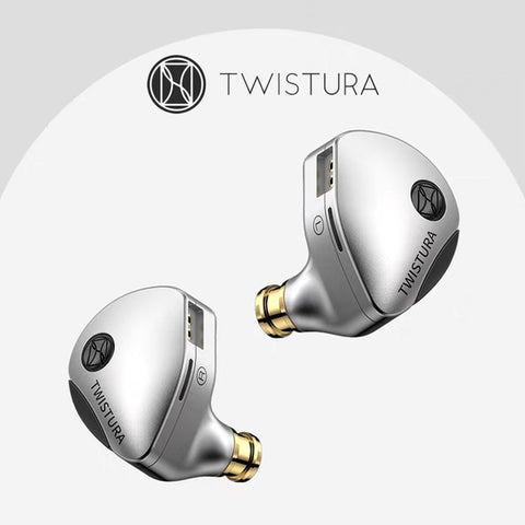 TWISTURA Woodnote 10mm Wood Diaphragm IEMs with sleek silver housing and logo, ideal for audiophiles seeking premium in-ear monitors.