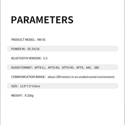 Technical specifications of xDuoo MX-01 Bluetooth Transmitter including Bluetooth 5.3, supported formats, and 100m communication range.