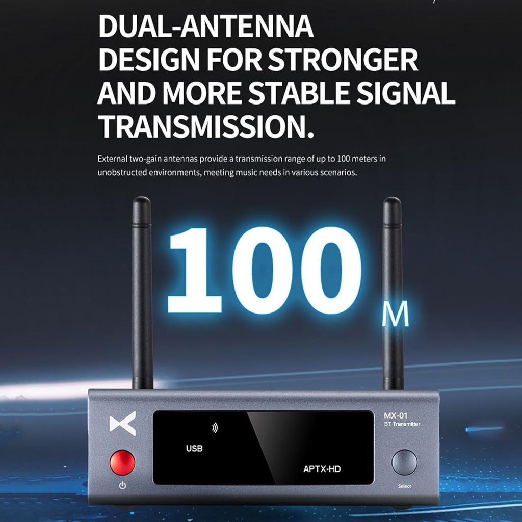 xDuoo MX-01 Bluetooth Transmitter with dual antennas offers 100-meter range for strong and stable wireless audio transmission.