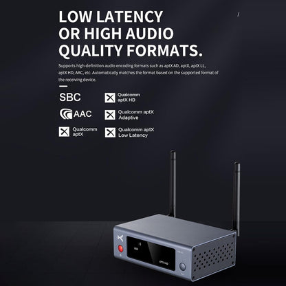 xDuoo MX-01 Bluetooth Transmitter supports low latency and high-definition audio formats like aptX HD, aptX LL, and AAC.