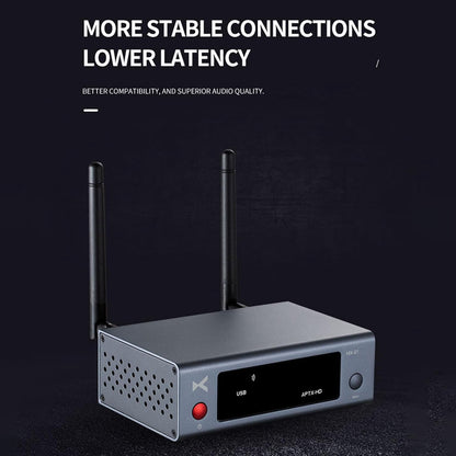 Angled view of xDuoo MX-01 Bluetooth Transmitter showcasing dual antennas and LED screen for stable, low-latency audio streaming.
