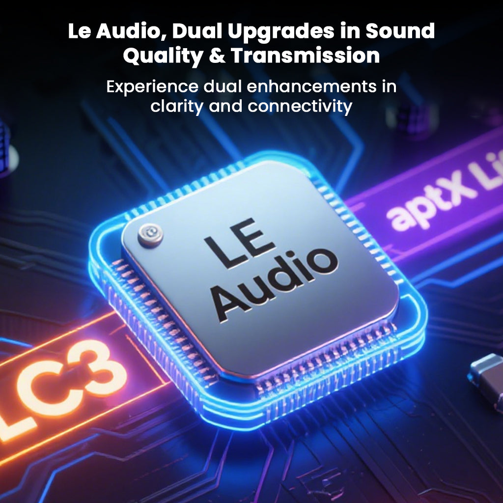 LE Audio chip illustration showing dual upgrades in sound quality and transmission for xDuoo MX-C1 Bluetooth Transmitter.