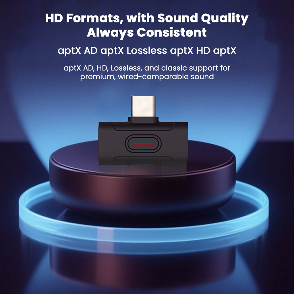 xDuoo MX-C1 Bluetooth Transmitter on display stand, supporting aptX AD, HD, Lossless, and classic Bluetooth audio formats.