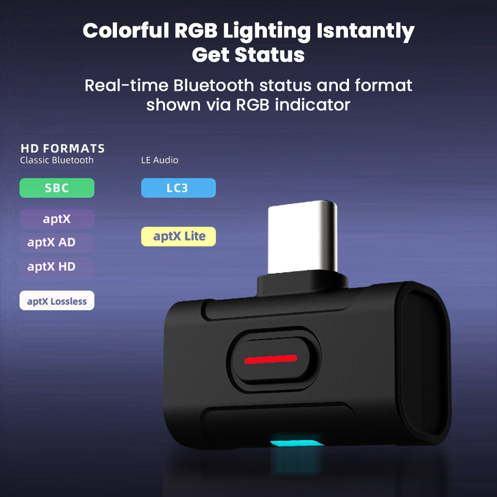 xDuoo MX-C1 Bluetooth Transmitter with RGB lighting showing real-time Bluetooth status and supported audio formats like LC3 and aptX.