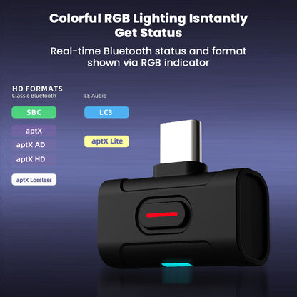 xDuoo MX-C1 Bluetooth Transmitter with RGB lighting showing real-time Bluetooth status and supported audio formats like LC3 and aptX.