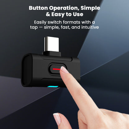 User tapping xDuoo MX-C1 Bluetooth Transmitter button to switch audio formats, demonstrating simple and intuitive operation.