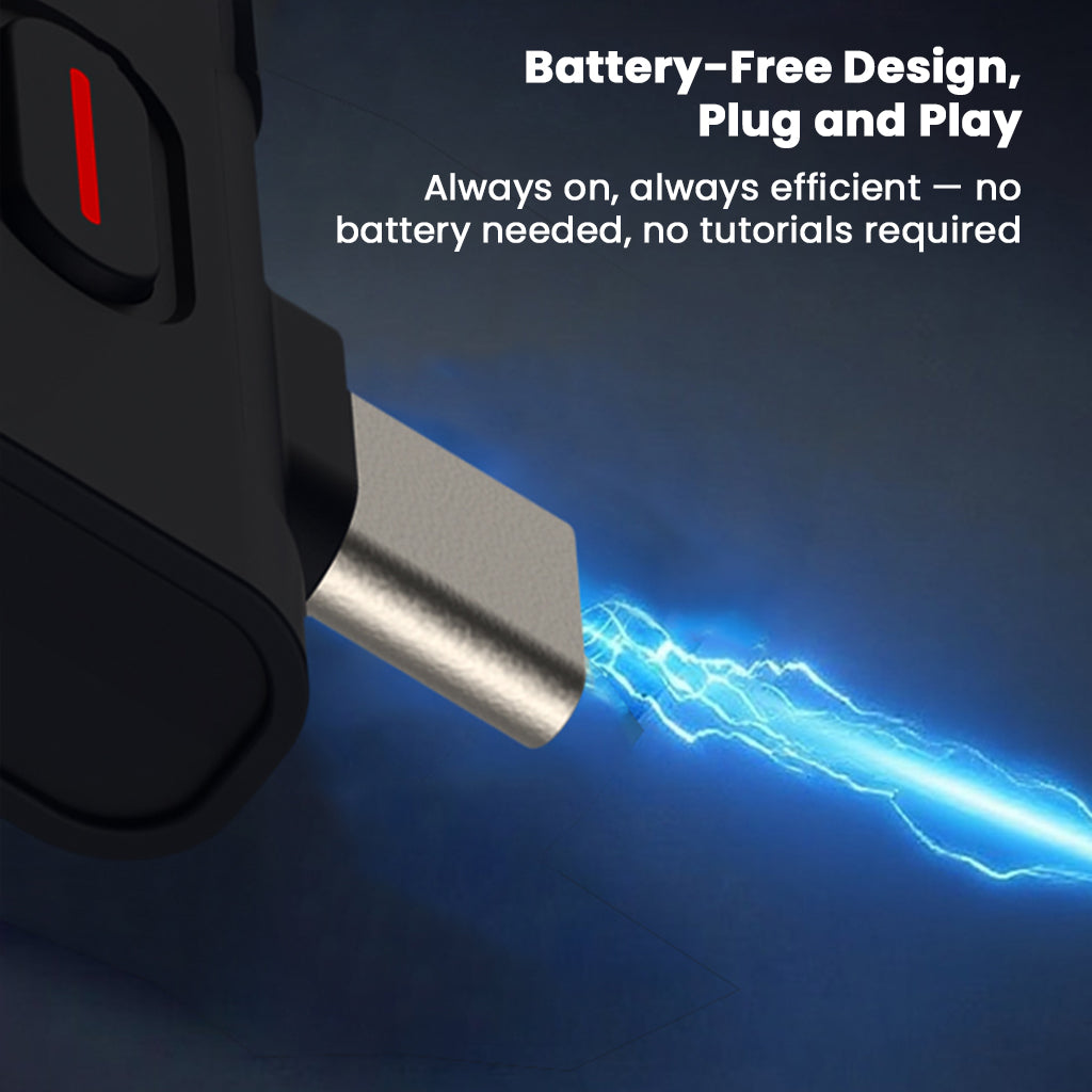 Close-up of xDuoo MX-C1 Bluetooth Transmitter's Type-C plug with electric effect, showcasing battery-free plug-and-play design.