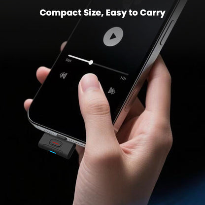 xDuoo MX-C1 Bluetooth Transmitter connected to smartphone, highlighting its compact size and portability for on-the-go use.