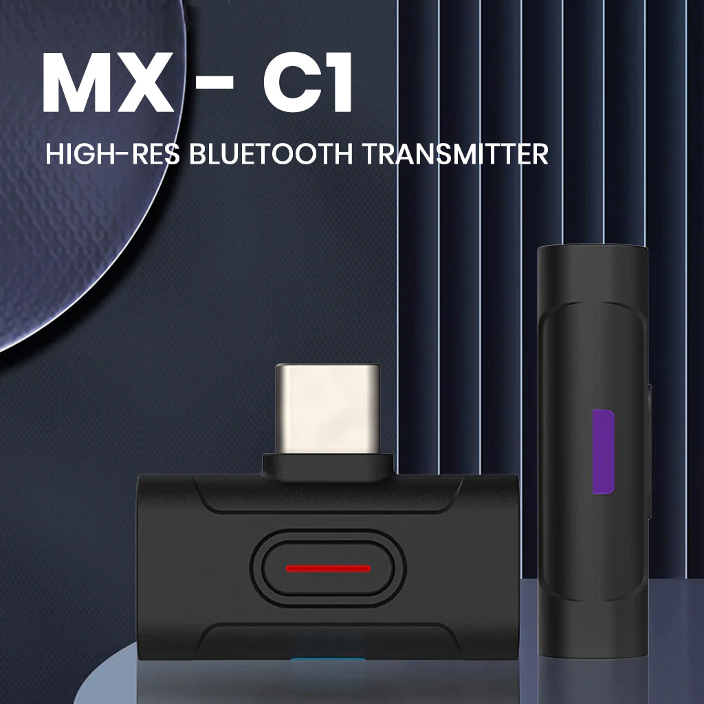 Front and side view of xDuoo MX-C1 Bluetooth 5.4 Transmitter showcasing high-res audio capabilities and modern compact design.