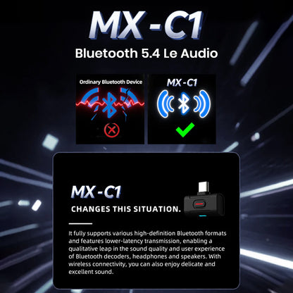 xDuoo MX-C1 Bluetooth 5.4 Transmitter comparison with ordinary devices, emphasizing low-latency and high-definition audio support.