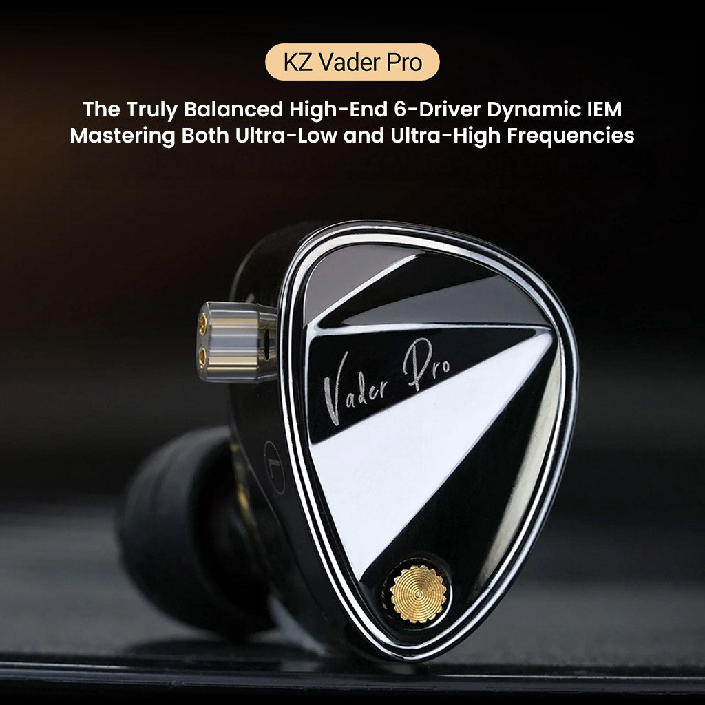 Close-up of KZ Vader Pro IEM showcasing its premium design and triple dynamic driver setup for high-end audio performance.