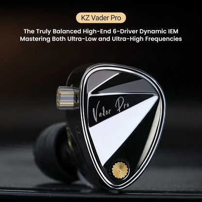Close-up of KZ Vader Pro IEM showcasing its premium design and triple dynamic driver setup for high-end audio performance.