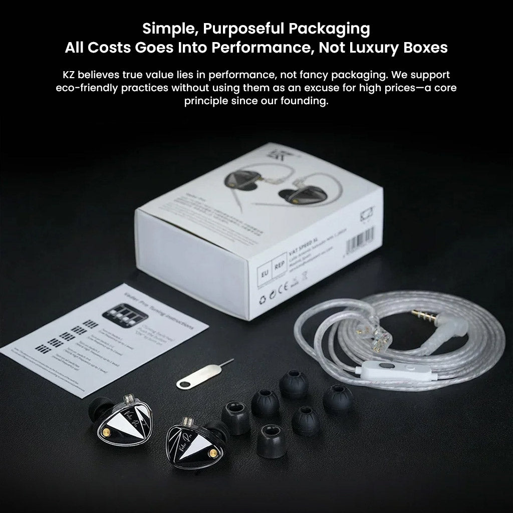 KZ Vader Pro IEM full packaging with accessories including ear tips, cable, and tuning tool, emphasizing performance over luxury.