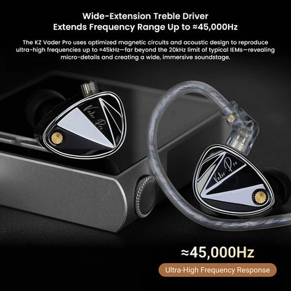 KZ Vader Pro IEM with wide-extension treble driver reaching up to 45,000Hz, ideal for ultra-high frequency audio clarity.