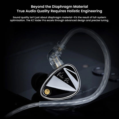 KZ Vader Pro IEM highlighting holistic engineering and diaphragm optimization for superior sound quality and precision tuning.