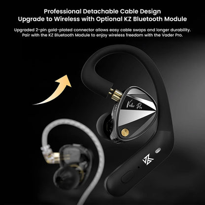 KZ Vader Pro IEM with detachable cable and optional Bluetooth module for wireless audio freedom and extended usability.