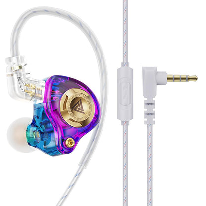 QKZ AK6 IEM with 3 custom tuning modes in a vibrant purple-blue transparent shell and gold accent, featuring ergonomic design and 3.5mm jack.