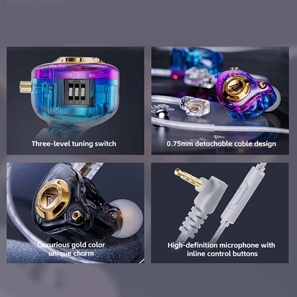 Close-up of QKZ AK6 features including tuning switch, detachable cable, gold faceplate, and inline mic with control buttons.