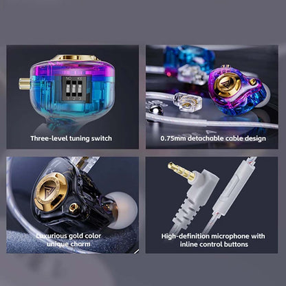Close-up of QKZ AK6 features including tuning switch, detachable cable, gold faceplate, and inline mic with control buttons.