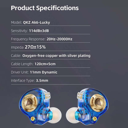 QKZ AK6 IEM product specs including 11mm driver, 27Ω impedance, and silver-plated OFC cable for superior sound quality.