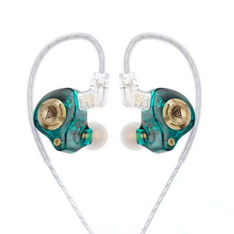QKZ AK6 IEM in green variant with gold faceplate, offering customizable sound and premium build for audiophiles.