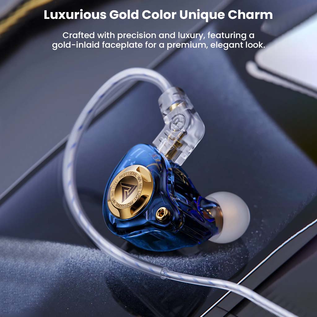 QKZ AK6 IEM with luxurious gold-inlaid faceplate and transparent blue shell, combining premium design with high-end audio.