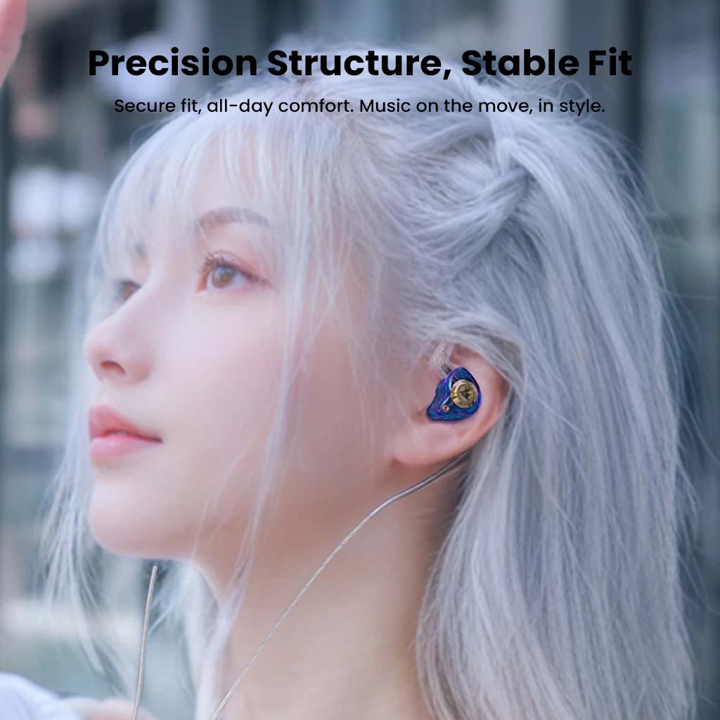 Model wearing QKZ AK6 IEM, demonstrating secure fit and ergonomic design for stable, stylish listening on the go.
