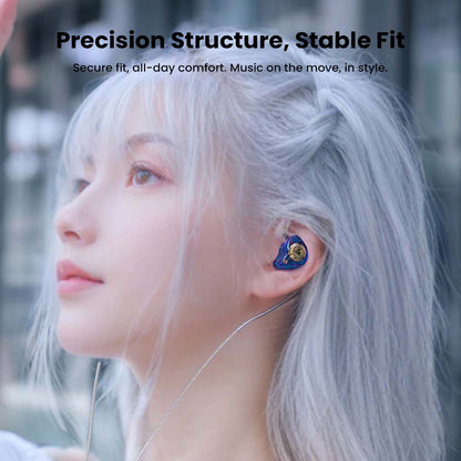 Model wearing QKZ AK6 IEM, demonstrating secure fit and ergonomic design for stable, stylish listening on the go.