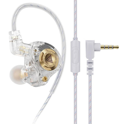 QKZ AK6 IEM with transparent housing and gold tuning dial, featuring 3 custom sound modes and ergonomic in-ear design for pro audio performance.