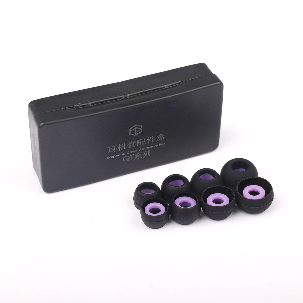 Roseselsa QT Superbowl silicone eartips in multiple sizes with black and purple design, shown with compact accessory case for IEMs and earbuds.