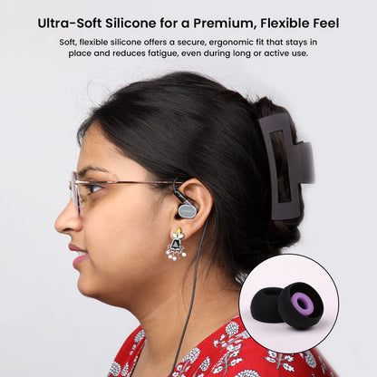 User wearing Roseselsa Superbowl silicone eartips with ergonomic fit, showing ultra-soft material for premium comfort during long use.