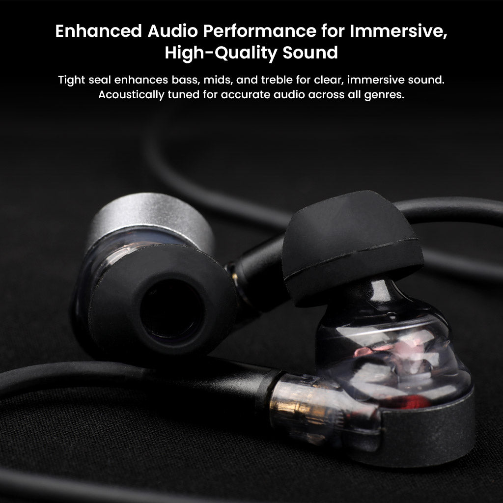 Roseselsa Superbowl silicone eartips on IEMs, enhancing bass, mids, and treble for immersive, high-quality sound performance.