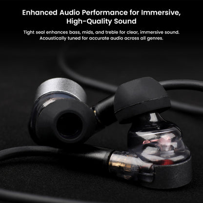 Roseselsa Superbowl silicone eartips on IEMs, enhancing bass, mids, and treble for immersive, high-quality sound performance.