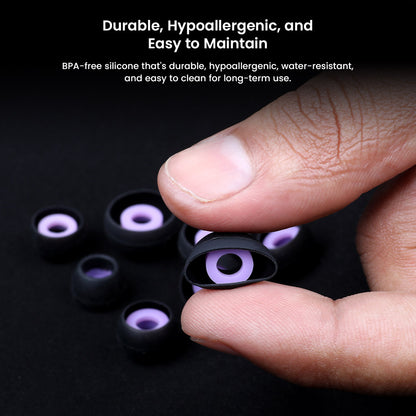 Close-up of Roseselsa QT Superbowl eartip held in hand, highlighting durable, hypoallergenic, and water-resistant BPA-free silicone.