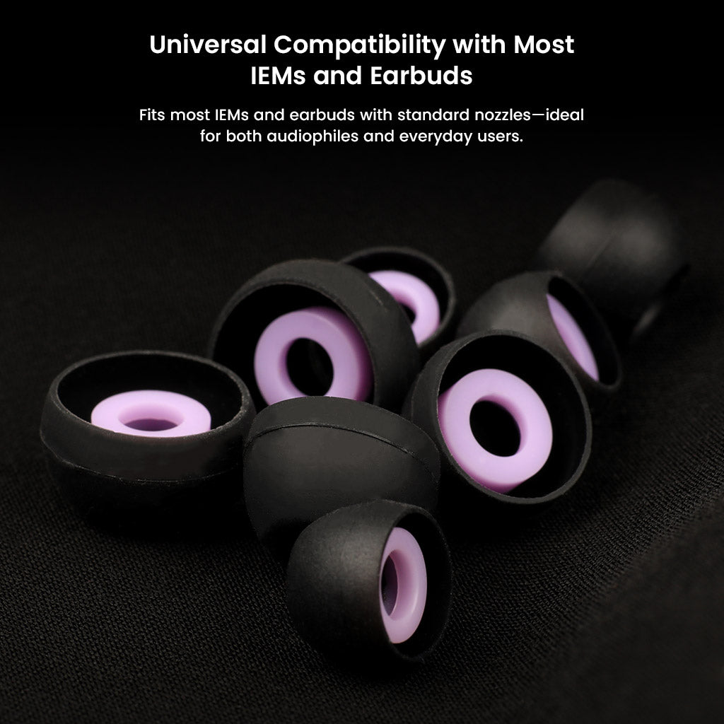 Roseselsa Superbowl silicone eartips in black and purple, compatible with most IEMs and earbuds with standard nozzles for universal use.